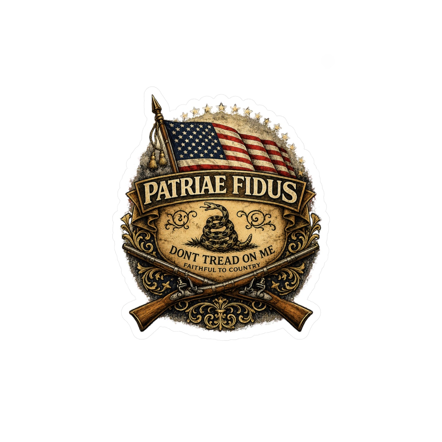 Patriae Fidus "Don't Tread On Me" American Flag Vinyl Sticker — Kiss-Cut Decal
