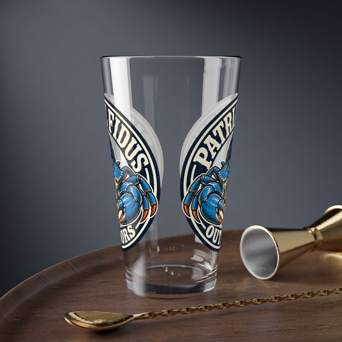 Mixing Glass - Patriæ Fidūs Outdoors Blue Crab Logo 16oz