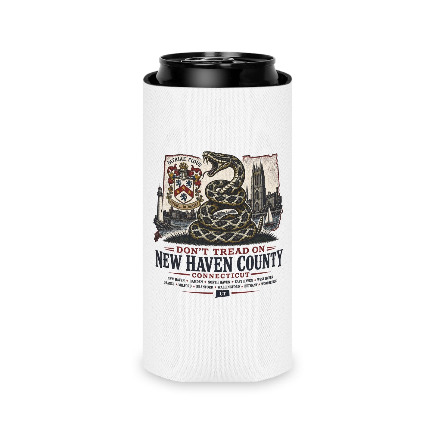 Can Cooler - "Don't Tread On New Haven County Connecticut" Snake Crest Design