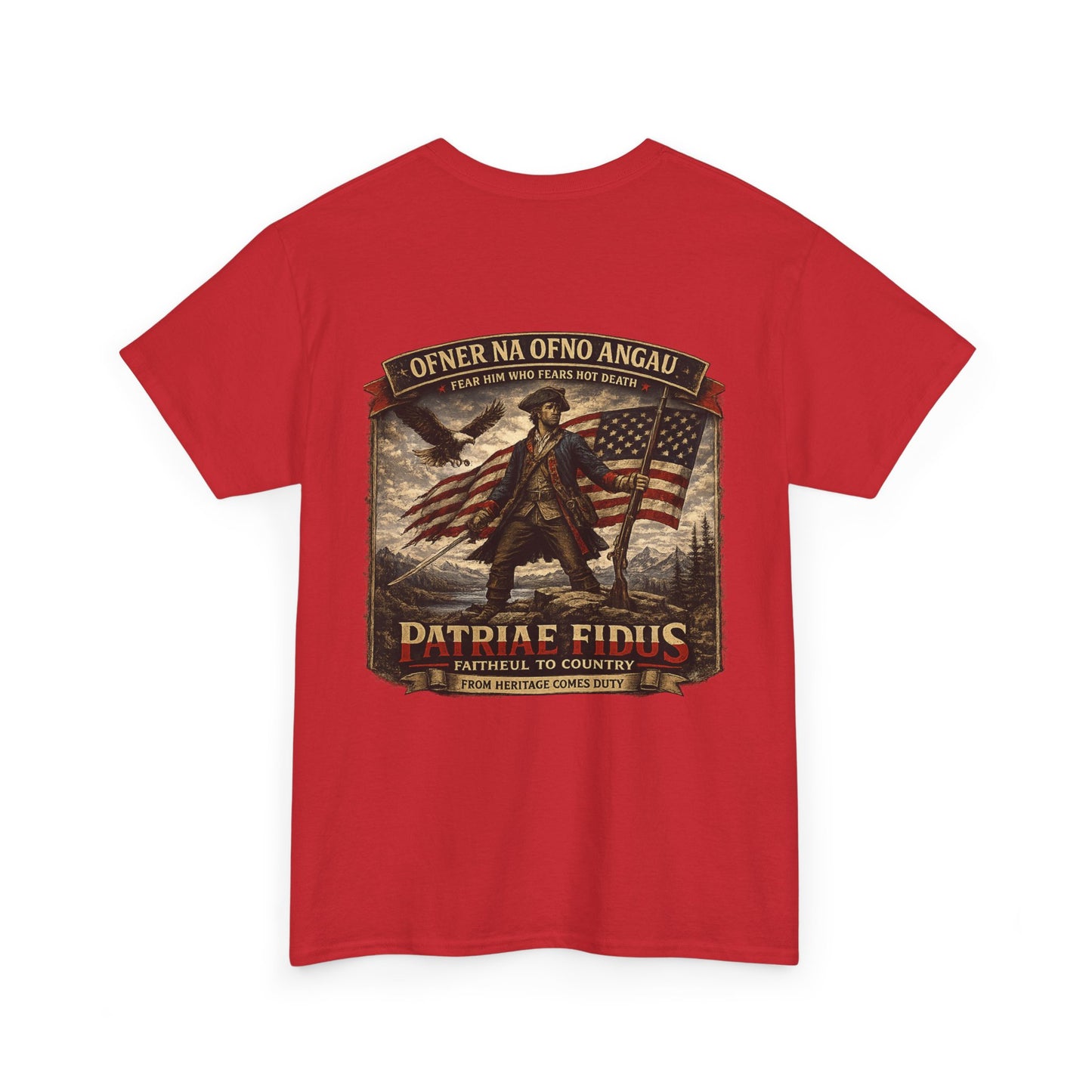 Patriae Fidus Patriotic Tee — Revolutionary Soldier Flag Graphic T‑Shirt