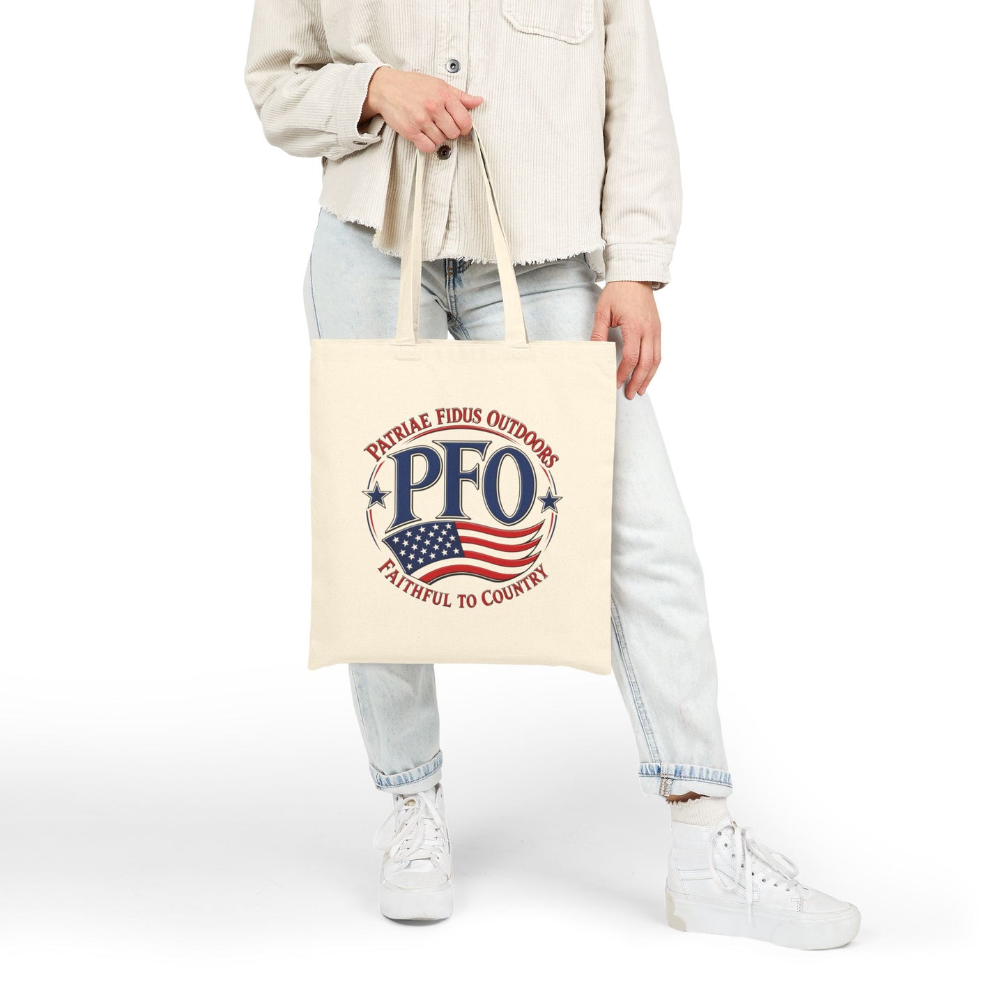 PFO Patriæ Fidus Outdoors Canvas Tote — Faithful to Country American Flag Eco Bag