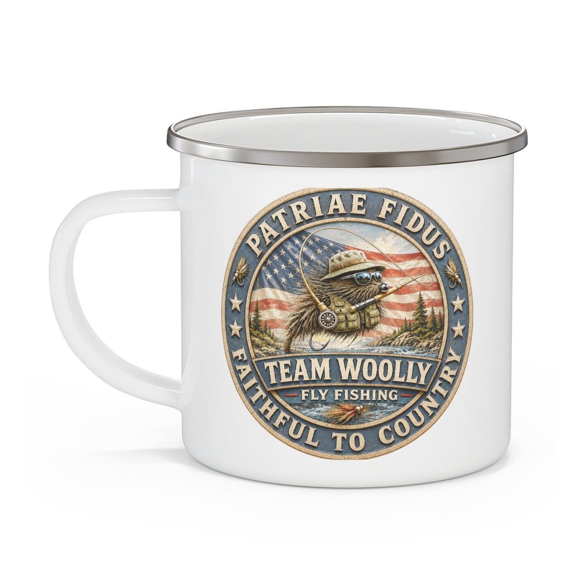 Enamel Camping Mug — 'Team Woolly' Patriotic Fly Fishing Design