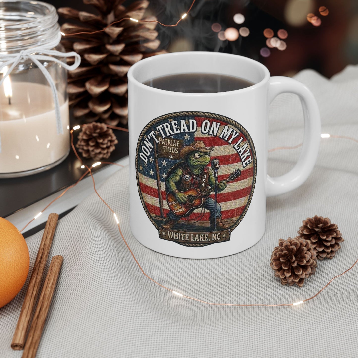 Don’t Tread On My Lake Ceramic Mug — American Flag Gadsden-Style Fishing Mug (11oz, 15oz)