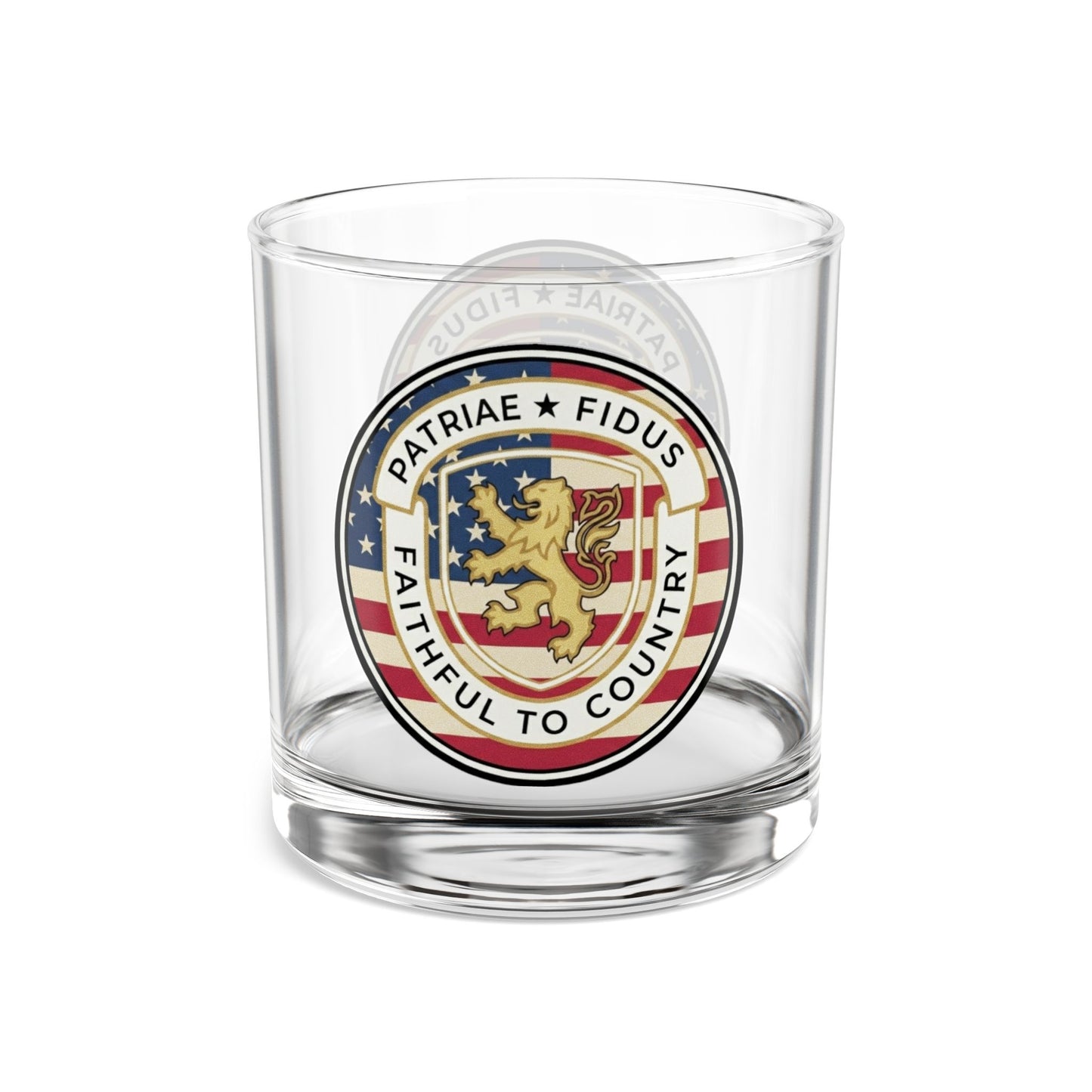 Patriae Fidus Crest 10oz Rocks Glass — Faithful to Country Whiskey Tumbler