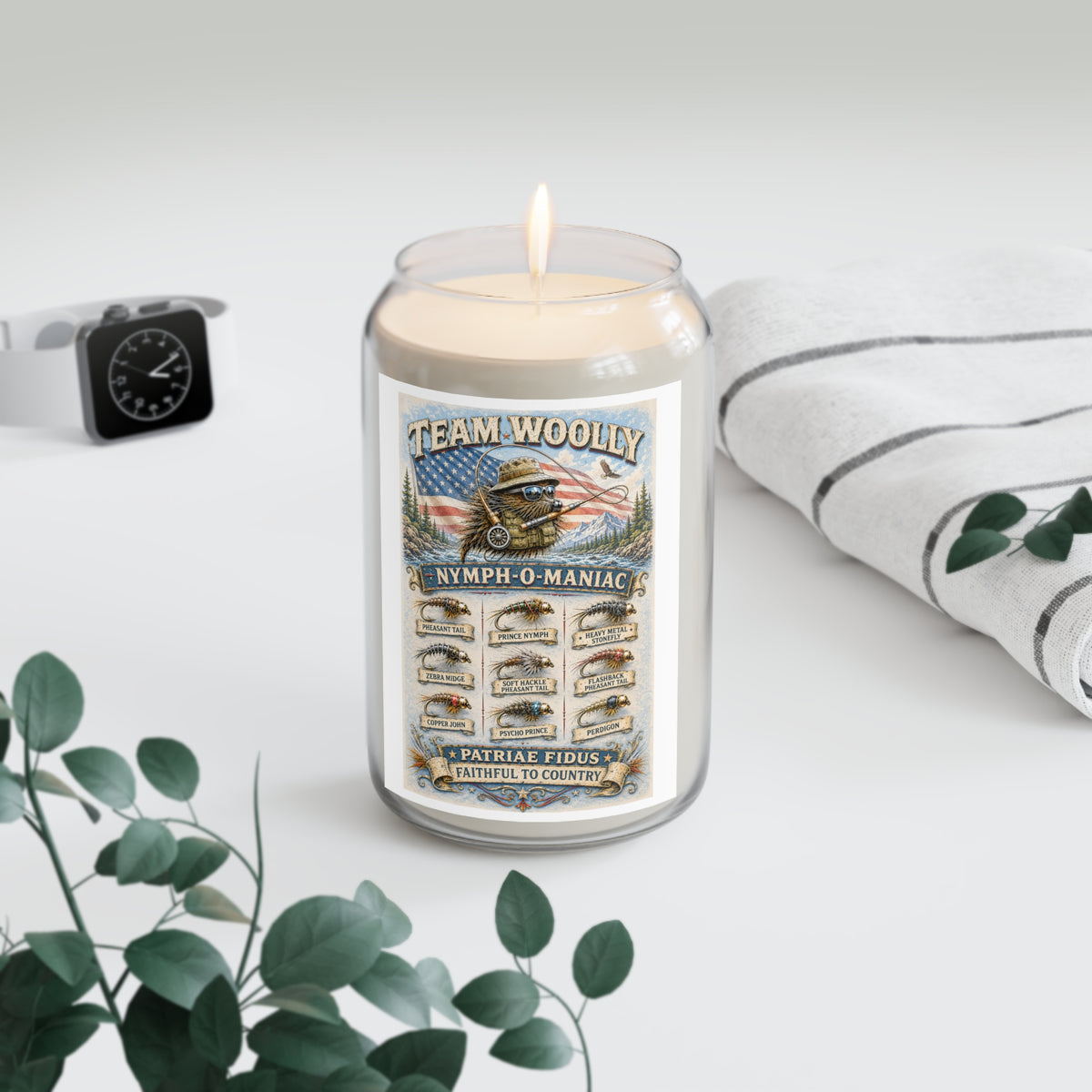 Scented Soy Candle – Team Woolly Nymph-O-Maniac Vintage Fishing Label (13.75 oz)