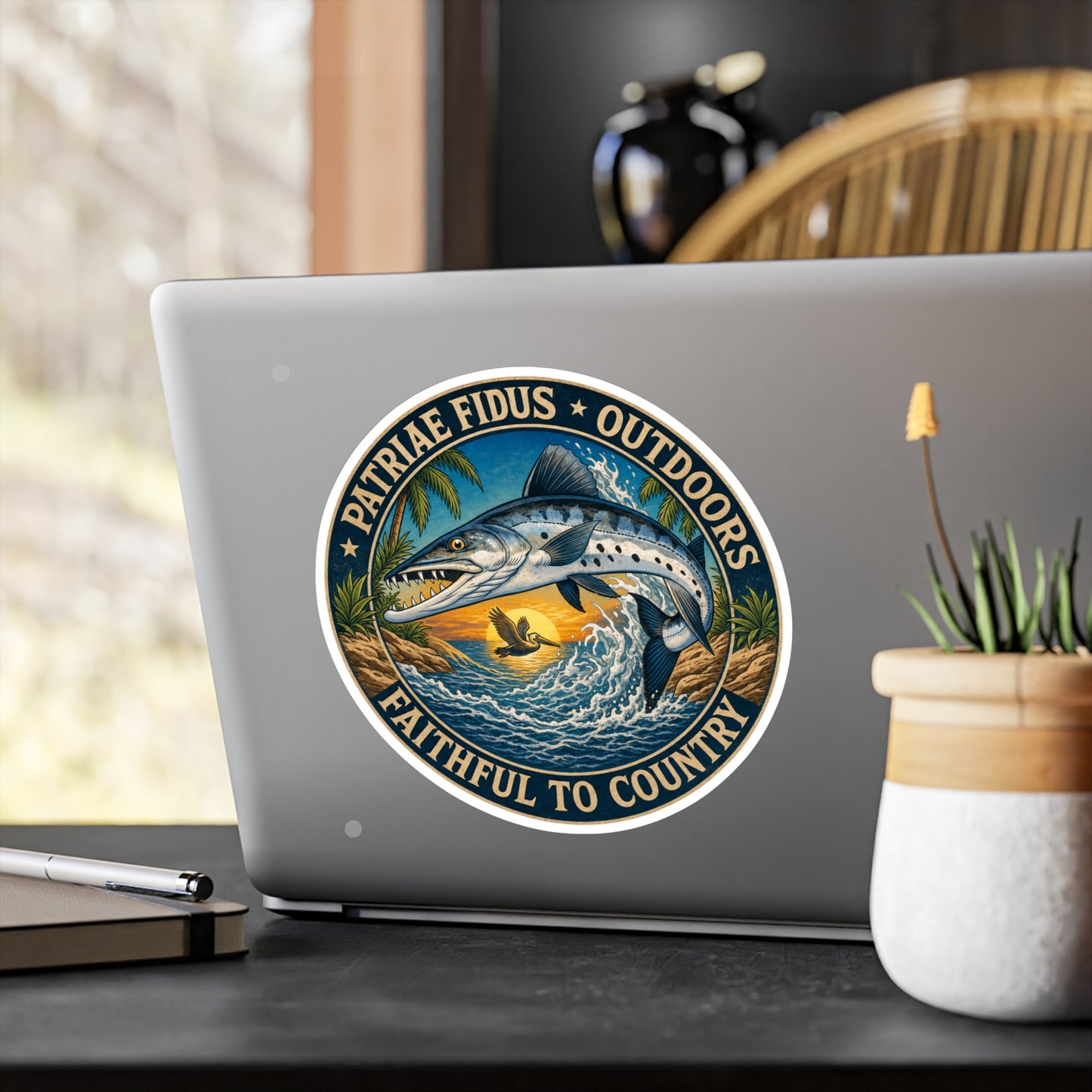 Kiss-Cut Vinyl Sticker — 'Patriae Fidus Outdoors: Faithful to Country' Fishing Emblem