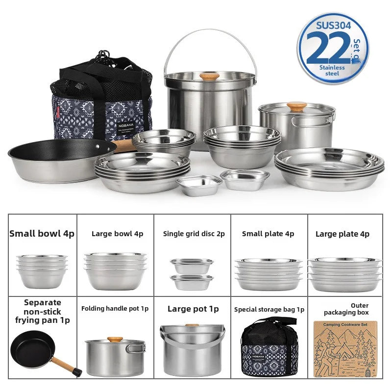 CLS 14PCS 22PCS Camping Cookware Set 304 Stainless Steel Outdoor Portable Picnic Tableware for Household Hiking Bowl Pot Set