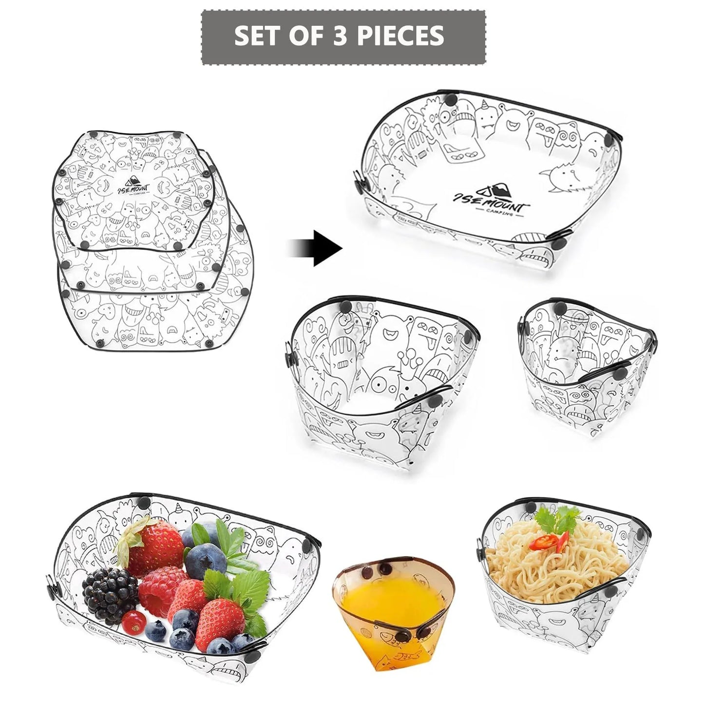 Portable Camping Tableware Set of 3/6 Pieces, Folding Plate,Bowl, Water Cup,Easy-Clean,Ultra-Light, Heat-Resistant,Collapsible