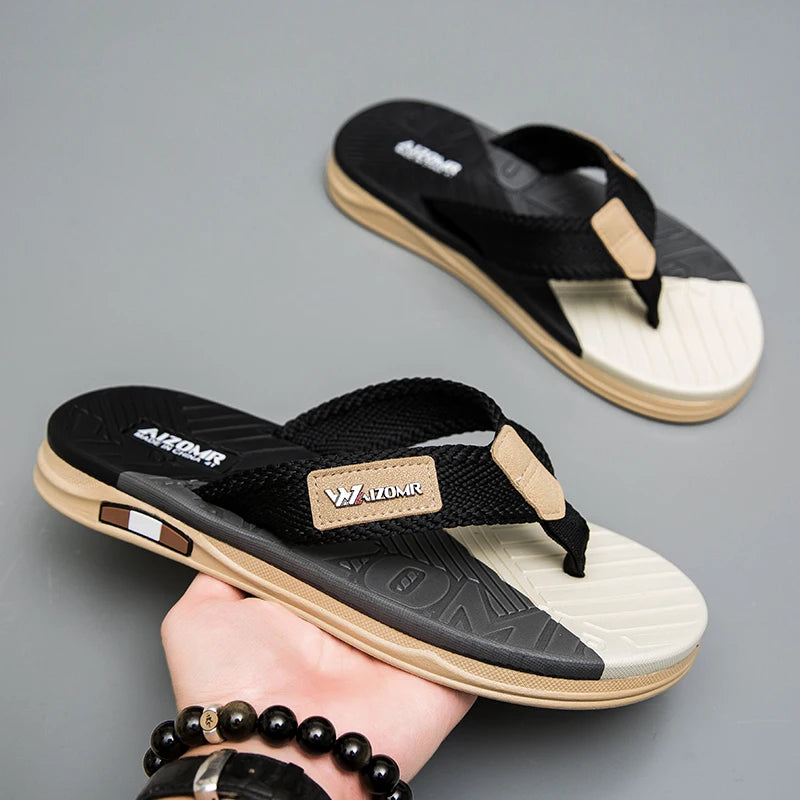 Summer trend contrasting flip flops for men wearing non-slip soft bottom braided beach sandy rubs