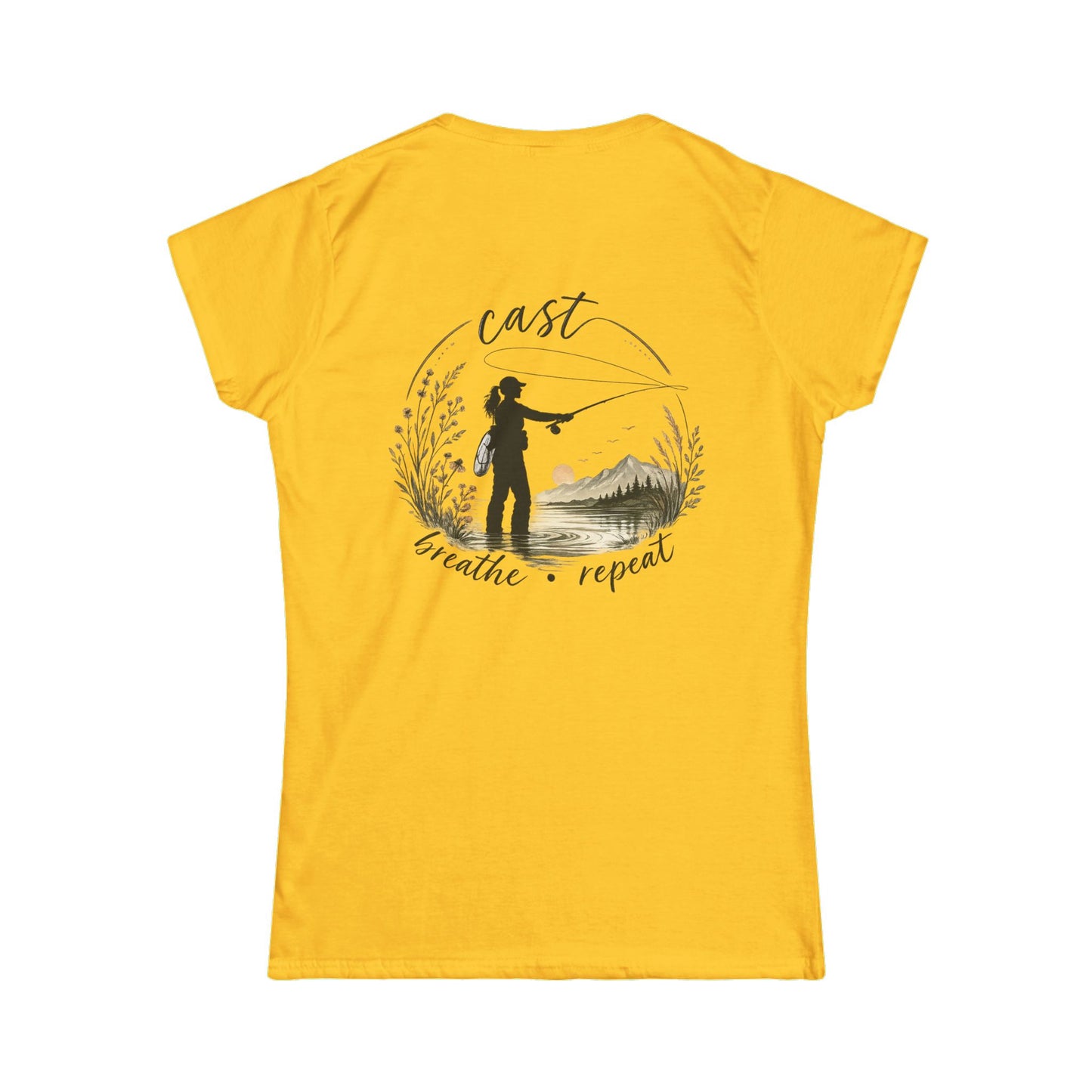Women's Fly Fishing Tee — "Cast, Breathe, Repeat" Nature Graphic