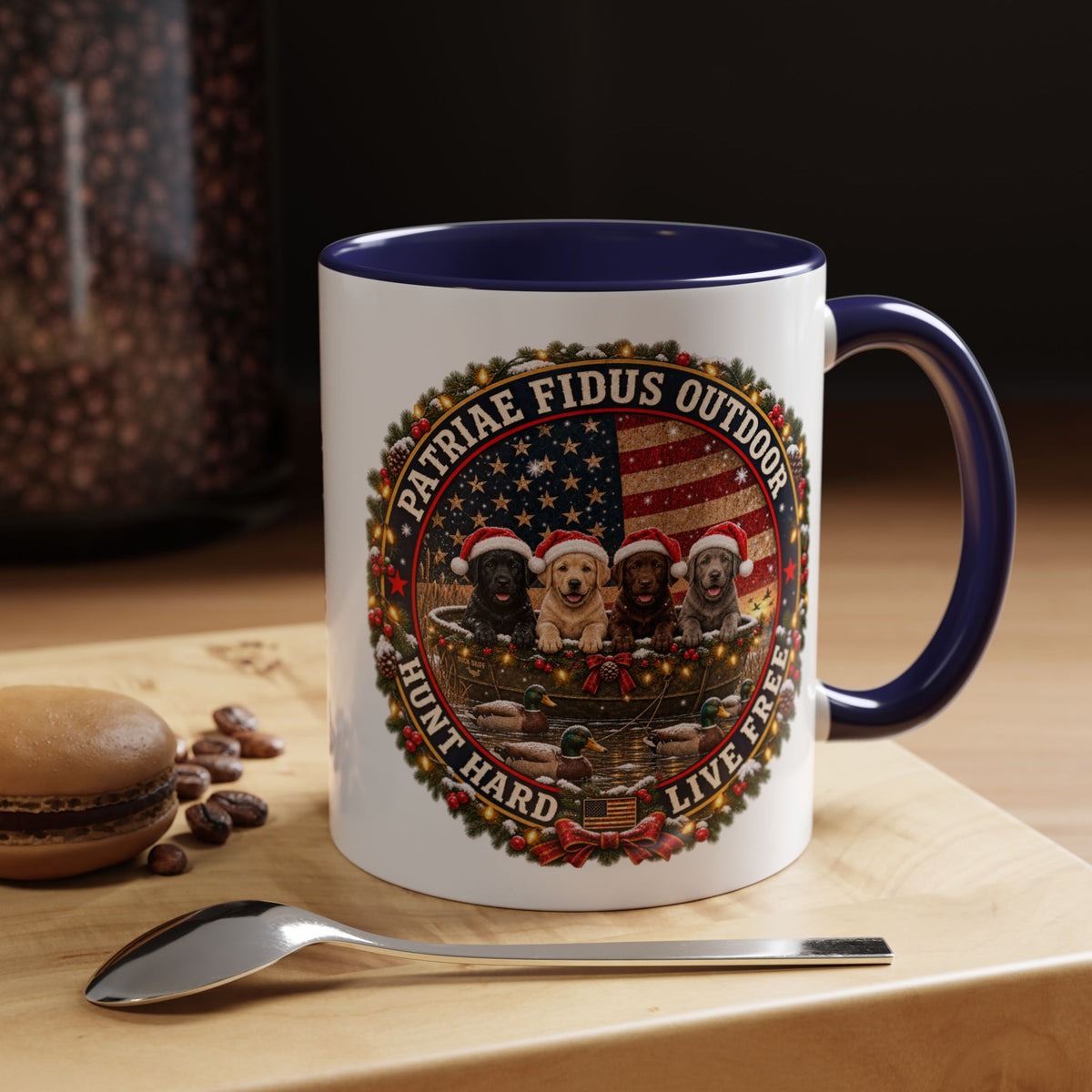 Patriæ Fidus Outdoor Christmas Coffee Mug — "Hunt Hard, Live Free" with Labrador Trio (11/15oz)