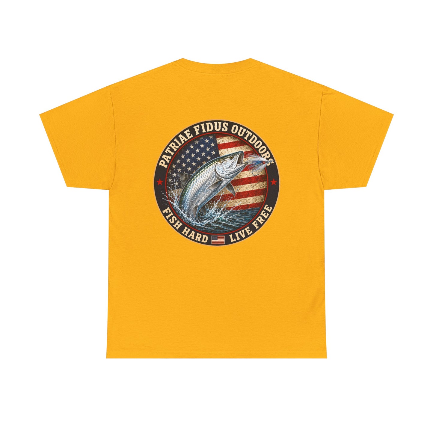 “Fish Hard Live Free” T-Shirt — Tarpon Patriae Fidus Outdoors American Flag Design