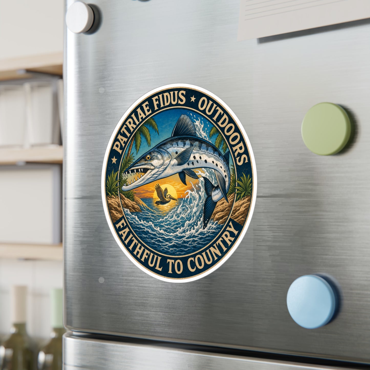Kiss-Cut Vinyl Sticker — 'Patriae Fidus Outdoors: Faithful to Country' Fishing Emblem