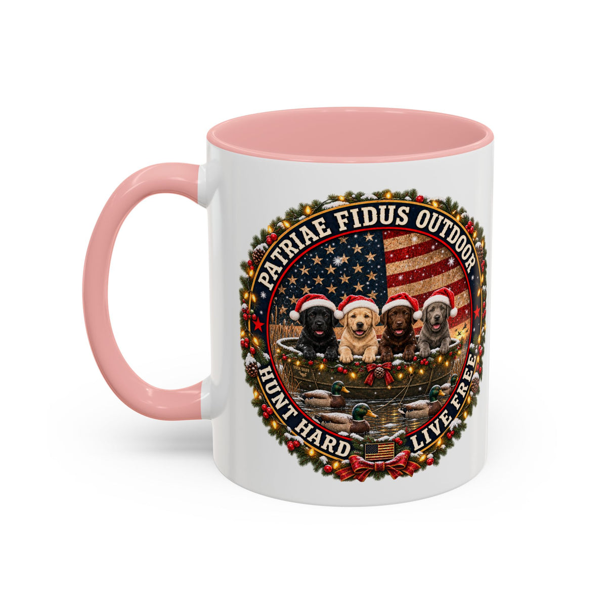 Patriæ Fidus Outdoor Christmas Coffee Mug — "Hunt Hard, Live Free" with Labrador Trio (11/15oz)