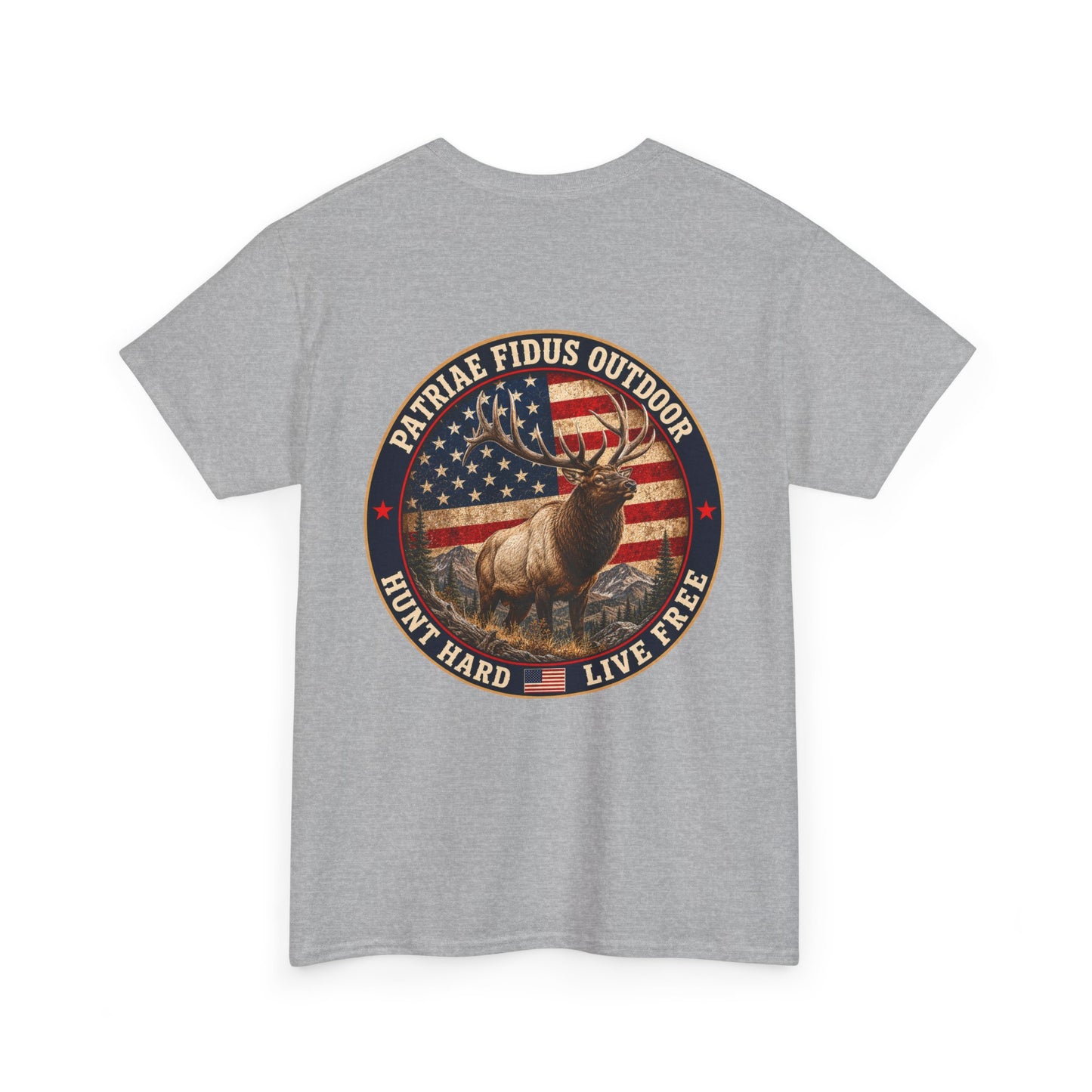 Hunting T-Shirt — Patriæ Fidus Outdoor 'Hunt Hard Live Free' American Flag Elk Tee