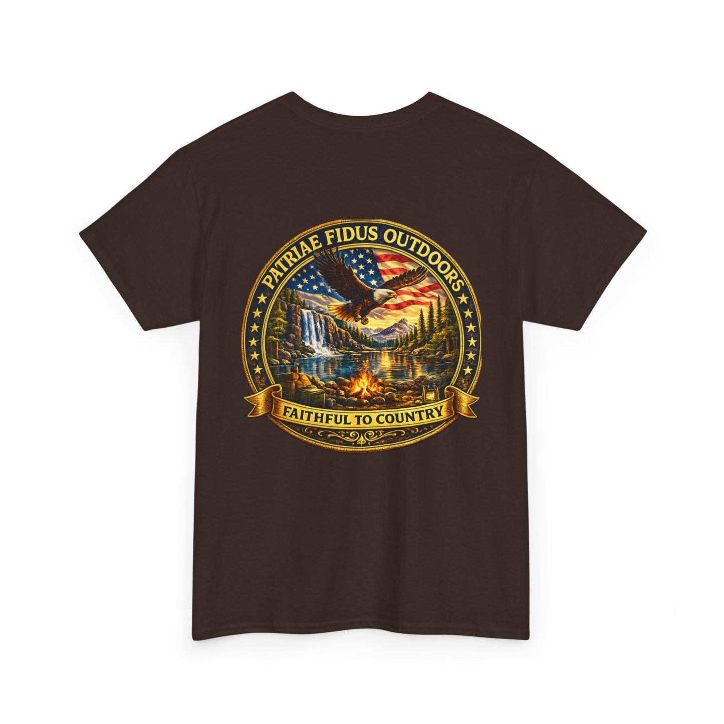 Patriae Fidus Outdoors Tee — Faithful to Country American Flag Eagle T‑Shirt