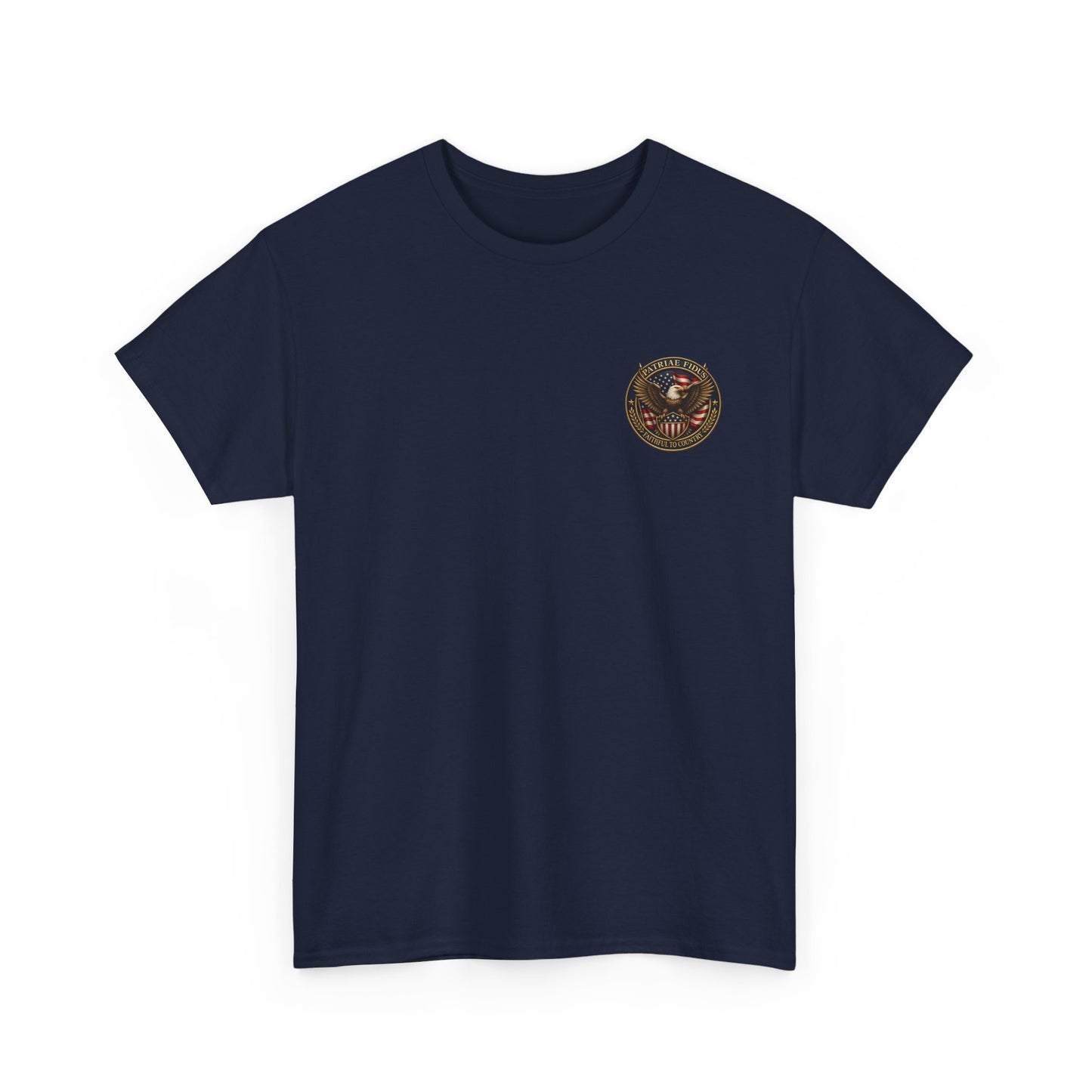 Patriae Fidus Patriotic Tee — Revolutionary Soldier Flag Graphic T‑Shirt