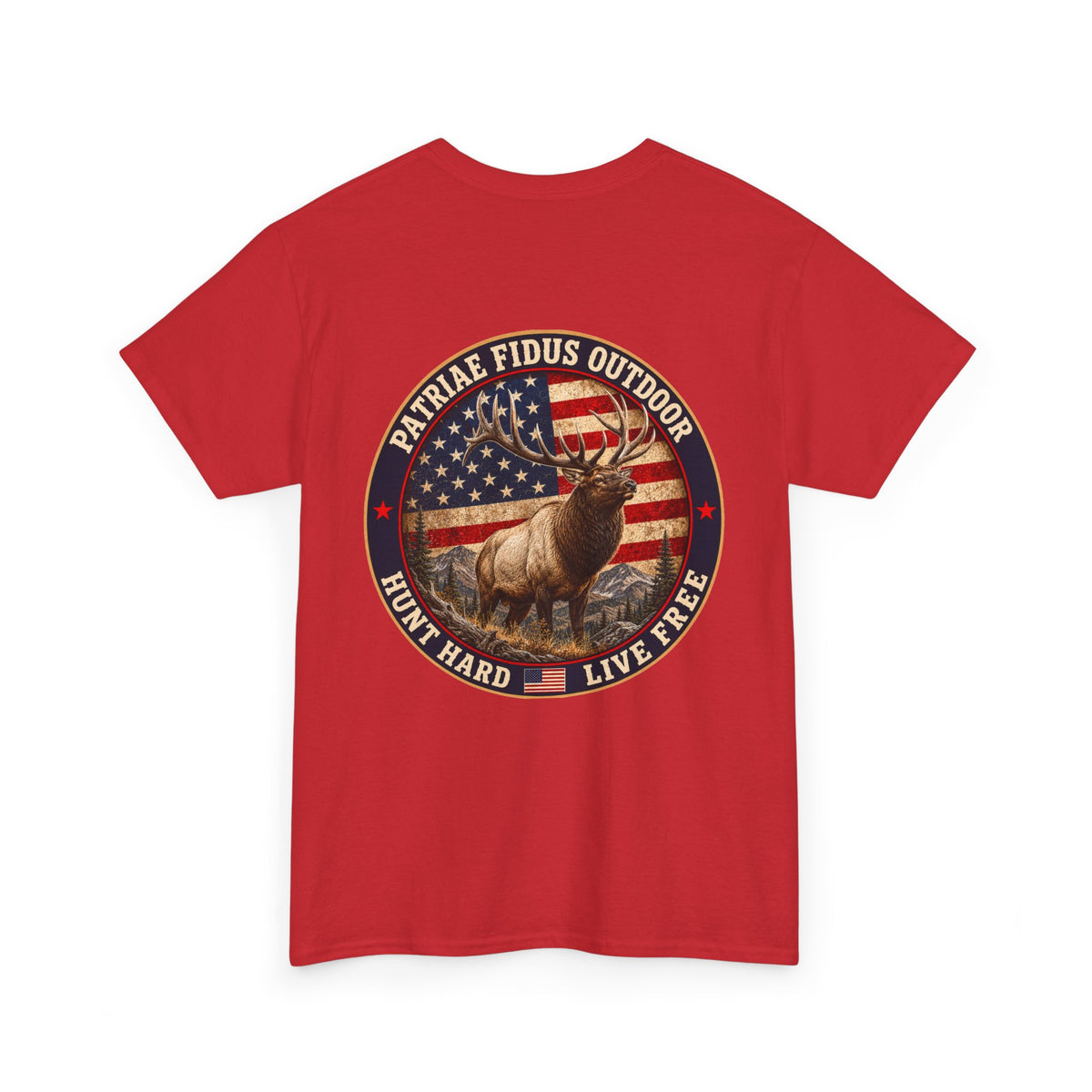 Hunting T-Shirt — Patriæ Fidus Outdoor 'Hunt Hard Live Free' American Flag Elk Tee