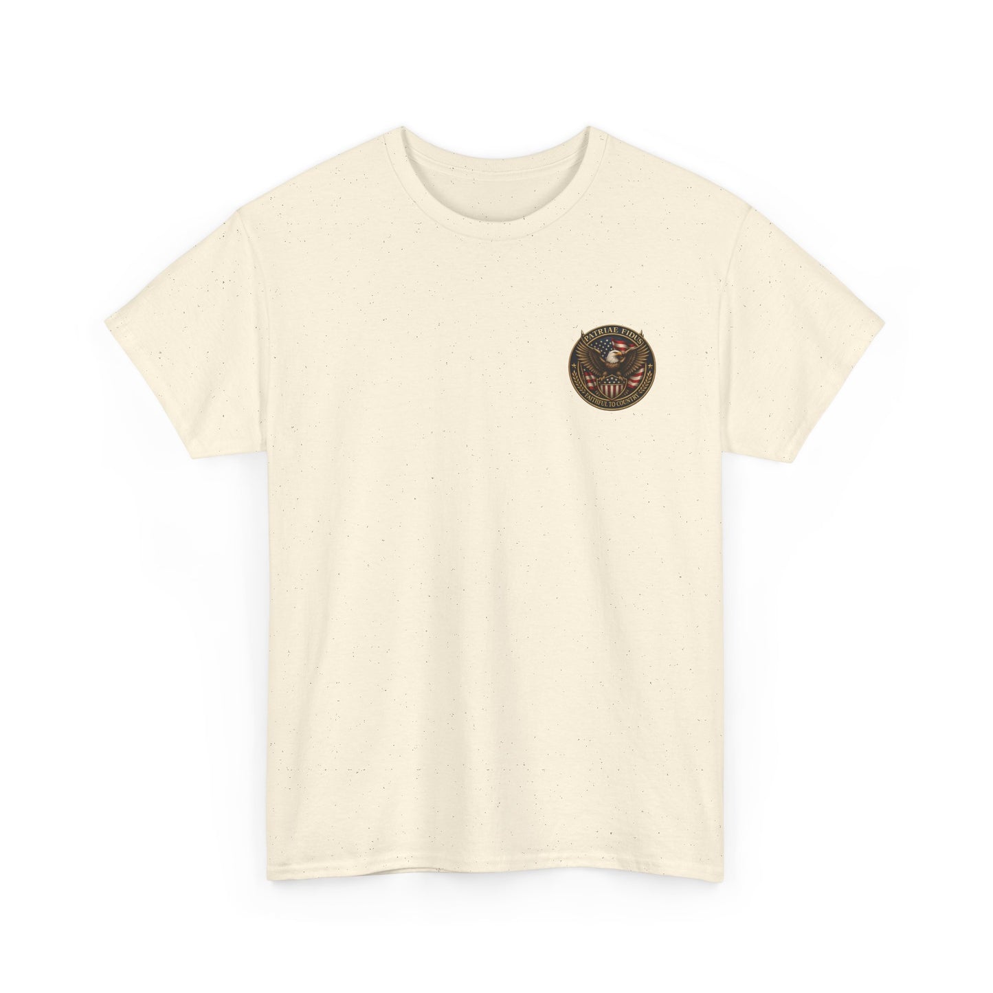 Patriae Fidus Patriotic Tee — Revolutionary Soldier Flag Graphic T‑Shirt