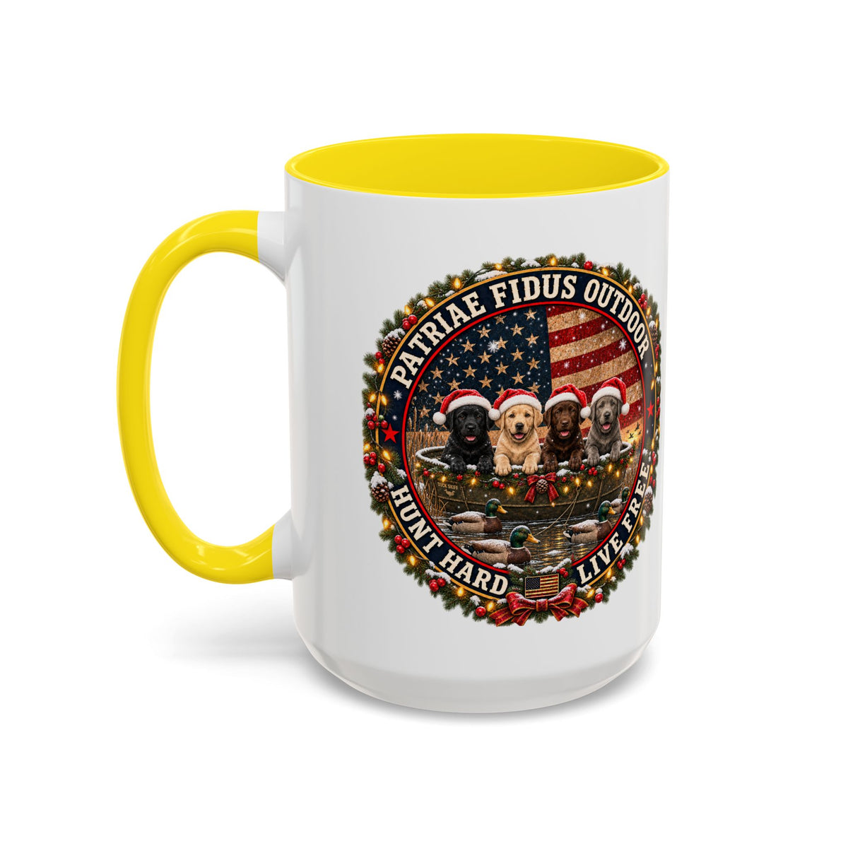 Patriæ Fidus Outdoor Christmas Coffee Mug — "Hunt Hard, Live Free" with Labrador Trio (11/15oz)
