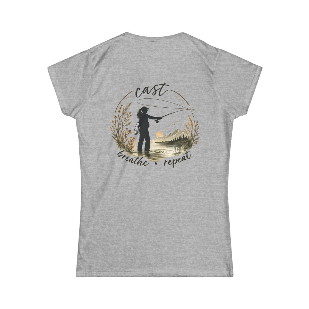 Women's Fly Fishing Tee — "Cast, Breathe, Repeat" Nature Graphic