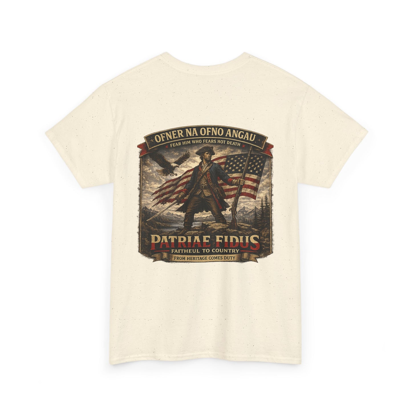 Patriae Fidus Patriotic Tee — Revolutionary Soldier Flag Graphic T‑Shirt