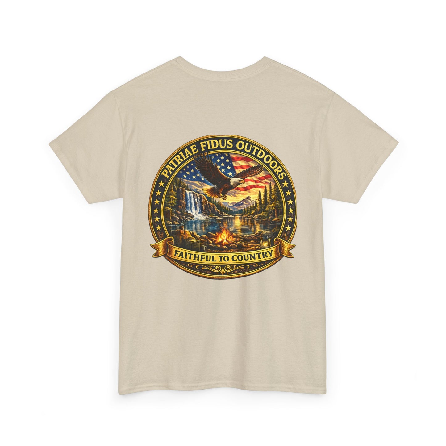 Patriae Fidus Outdoors Tee — Faithful to Country American Flag Eagle T‑Shirt