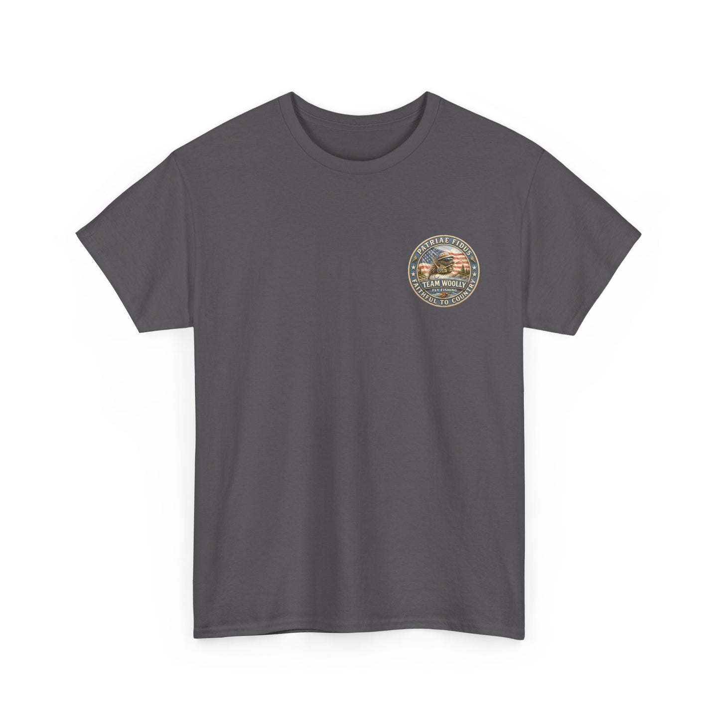 “Fish Hard Live Free” T-Shirt — Marlin Patriae Fidus Outdoors American Flag Design
