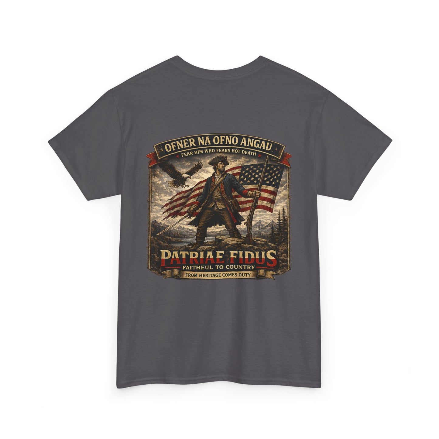 Patriae Fidus Patriotic Tee — Revolutionary Soldier Flag Graphic T‑Shirt