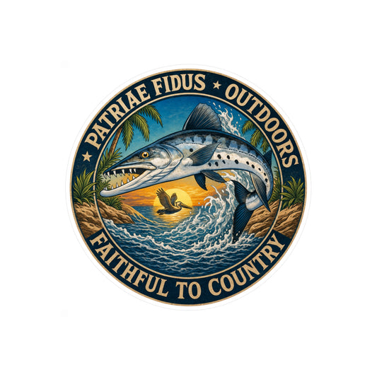 Kiss-Cut Vinyl Sticker — 'Patriae Fidus Outdoors: Faithful to Country' Fishing Emblem