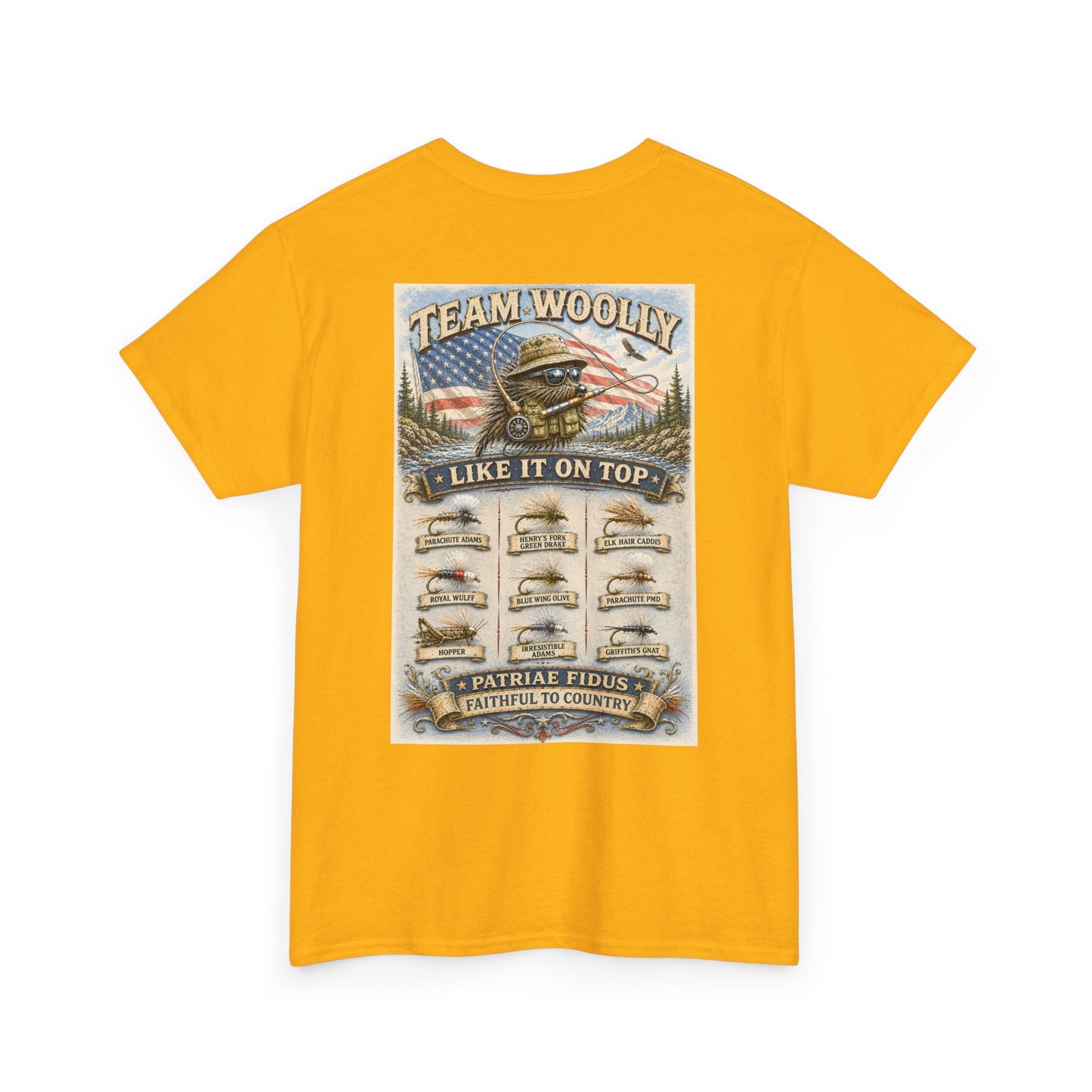 Team Woolly Dry Fly Collection T-Shirt: ("Like It On Top")
