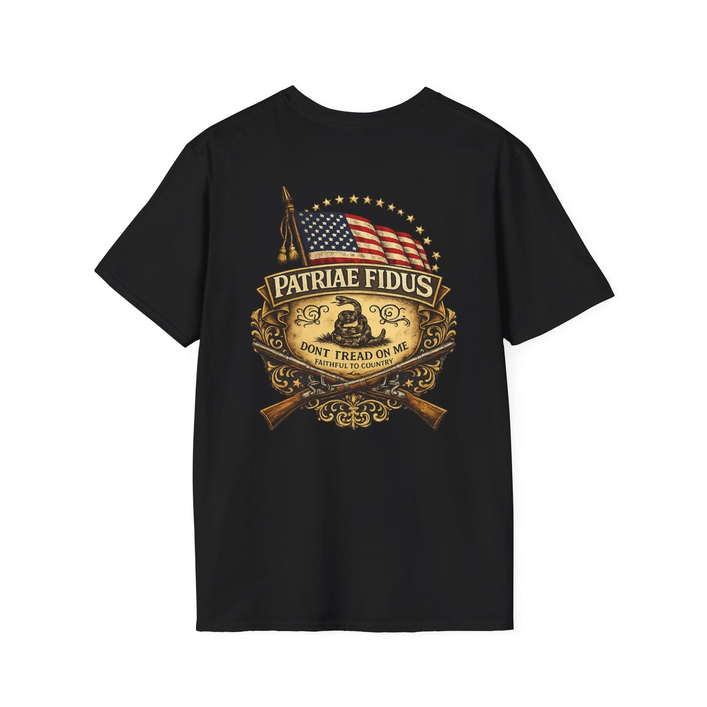 Patriae Fidus Patriotic American Flag Gadsden Patch T-Shirt