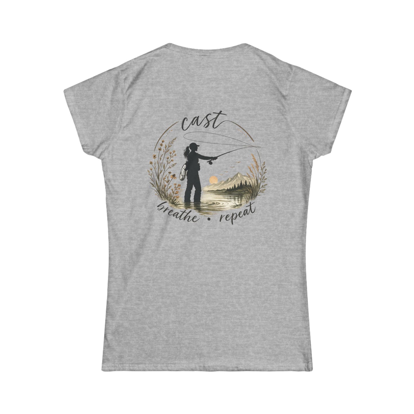 Women's Fly Fishing Tee — "Cast, Breathe, Repeat" Nature Graphic