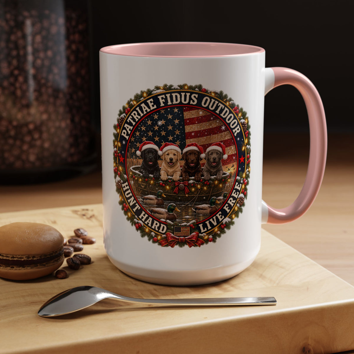 Patriæ Fidus Outdoor Christmas Coffee Mug — "Hunt Hard, Live Free" with Labrador Trio (11/15oz)