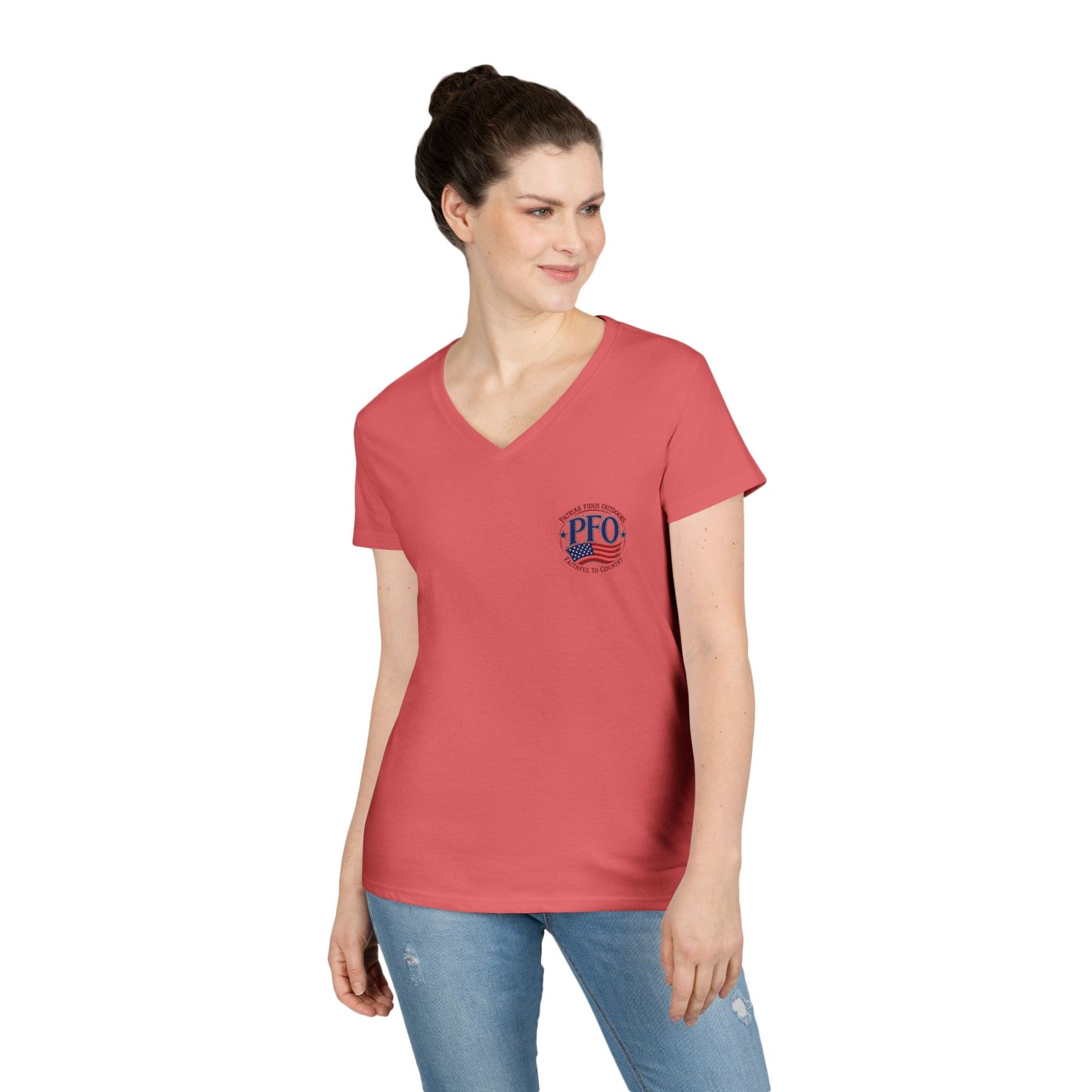 Patriae Fidus Outdoors Ladies' V-Neck T-Shirt — American Flag Hunting Logo