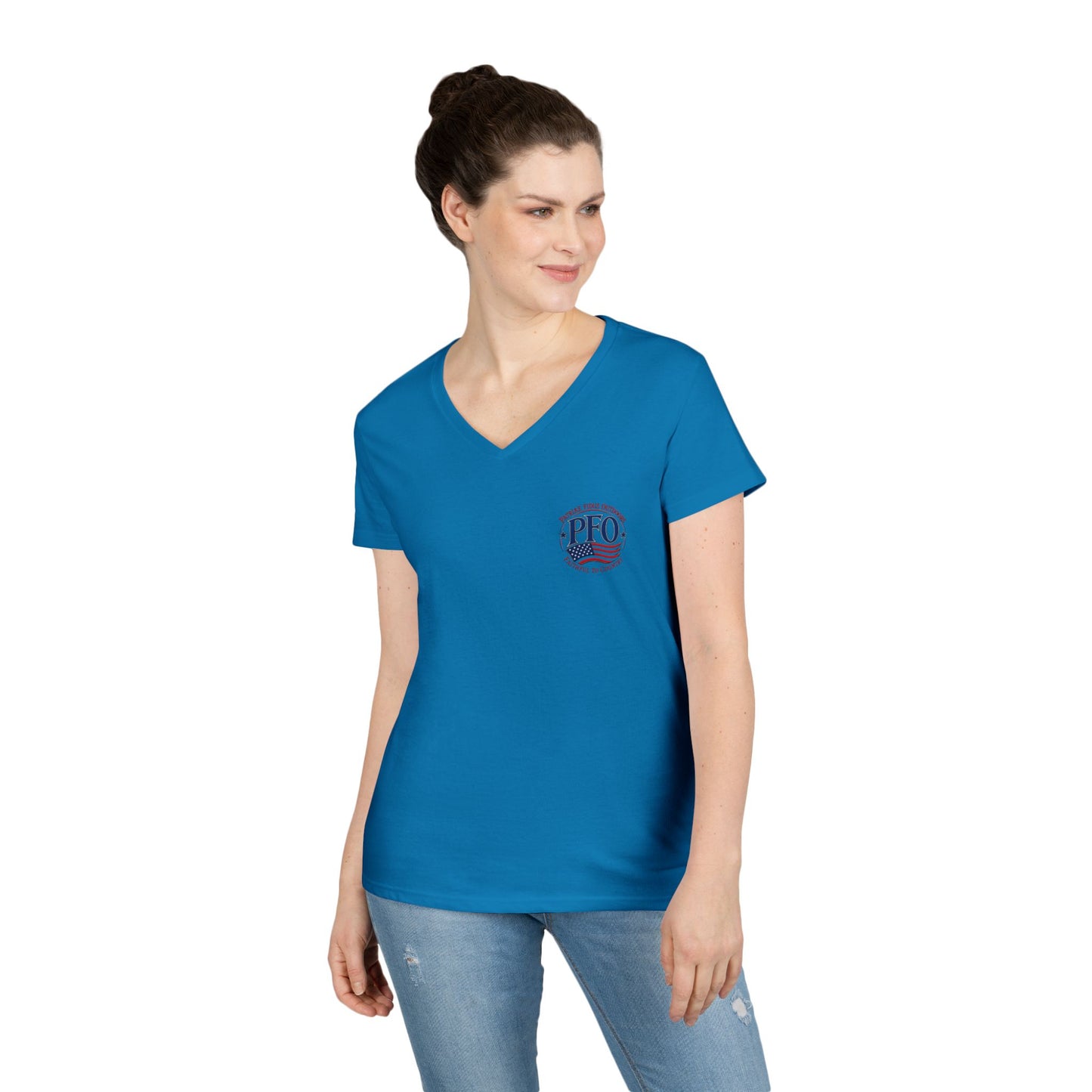 Patriae Fidus Outdoors Ladies' V-Neck T-Shirt — American Flag Hunting Logo
