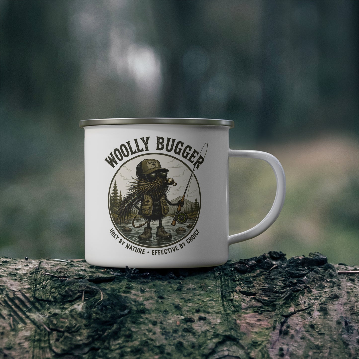 Woolly Bugger Fly Fishing Enamel Camping Mug — 'Ugly by Nature, Effective by Choice'