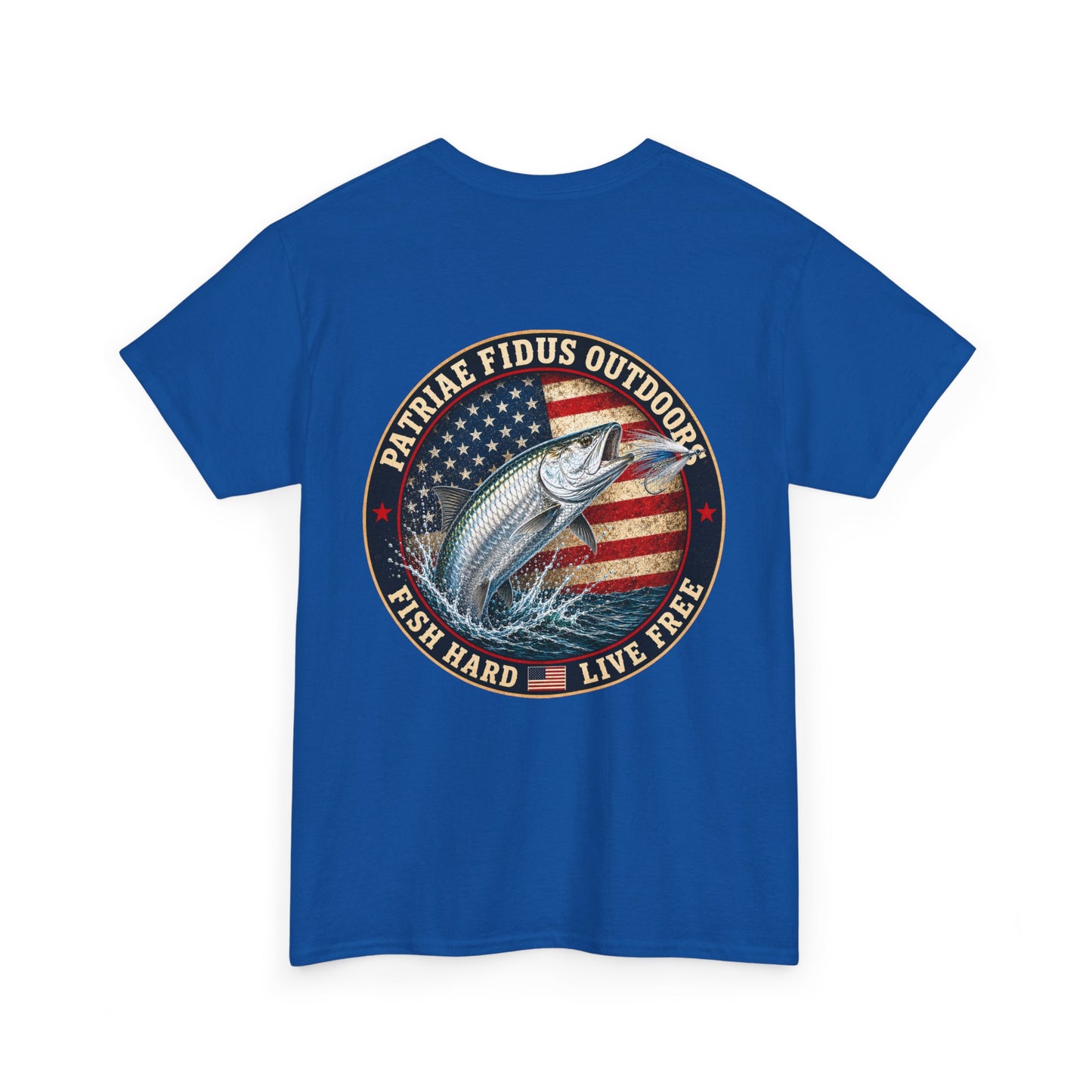 “Fish Hard Live Free” T-Shirt — Tarpon Patriae Fidus Outdoors American Flag Design