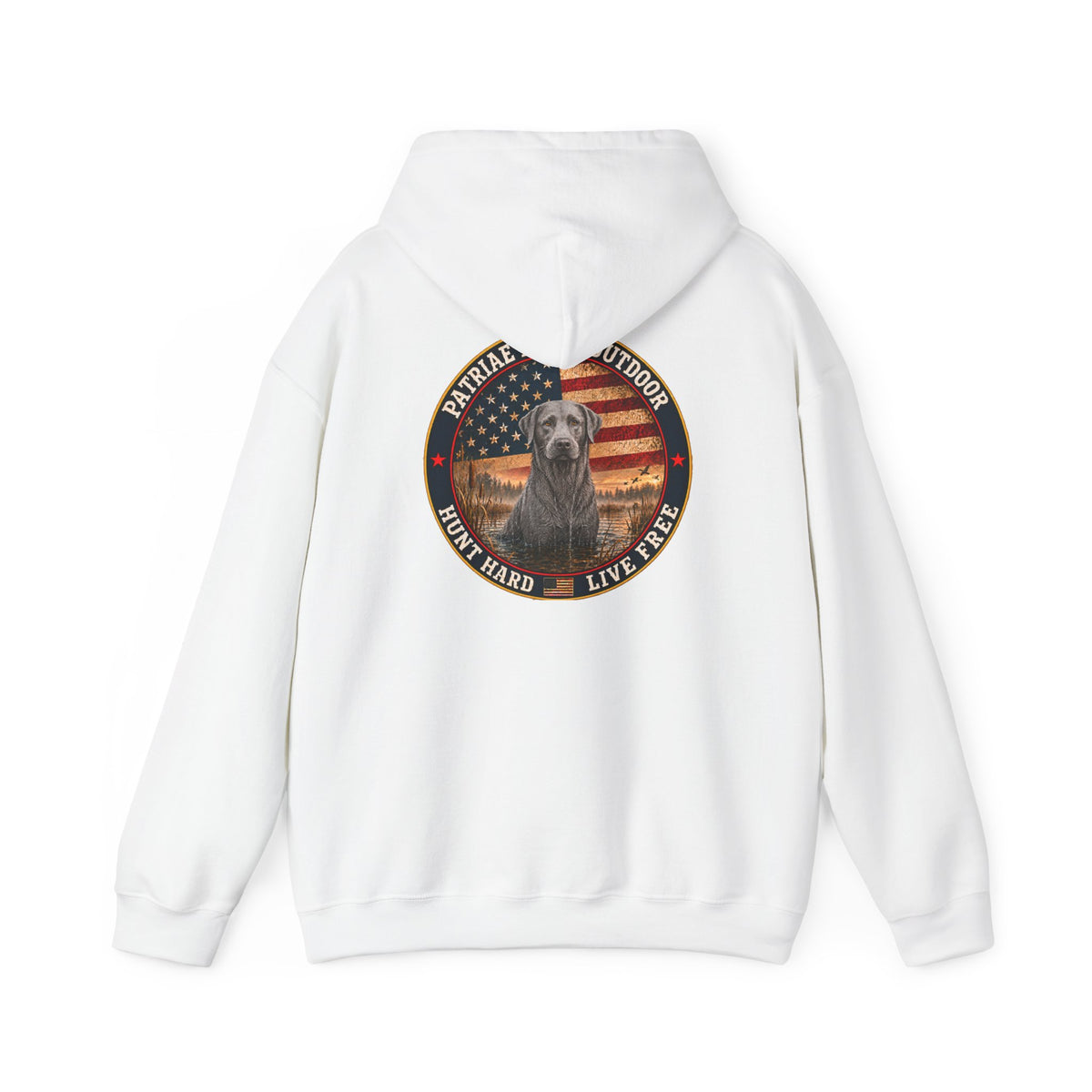 Patriotic Hunting Hoodie — "Hunt Hard Live Free" Retriever Design