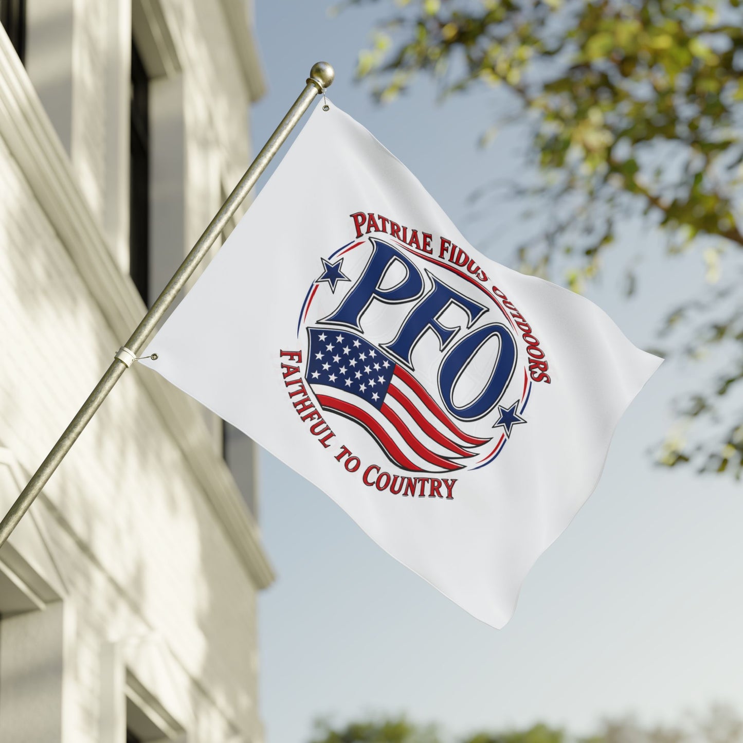 PFO Patriæ Fidus Outdoors Double-Sided Flag — Faithful to Country American Flag Emblem