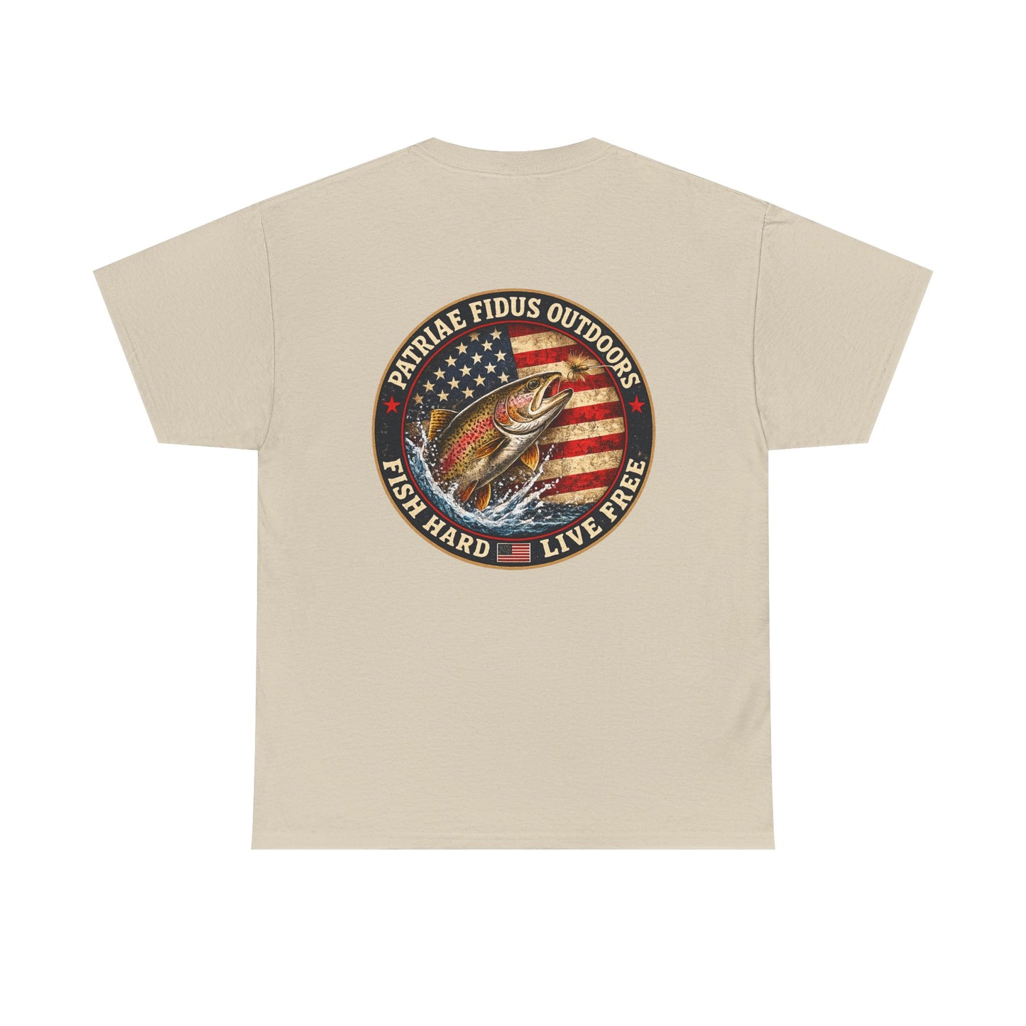 “Fish Hard Live Free” T-Shirt — Trout Patriae Fidus Outdoors American Flag Design