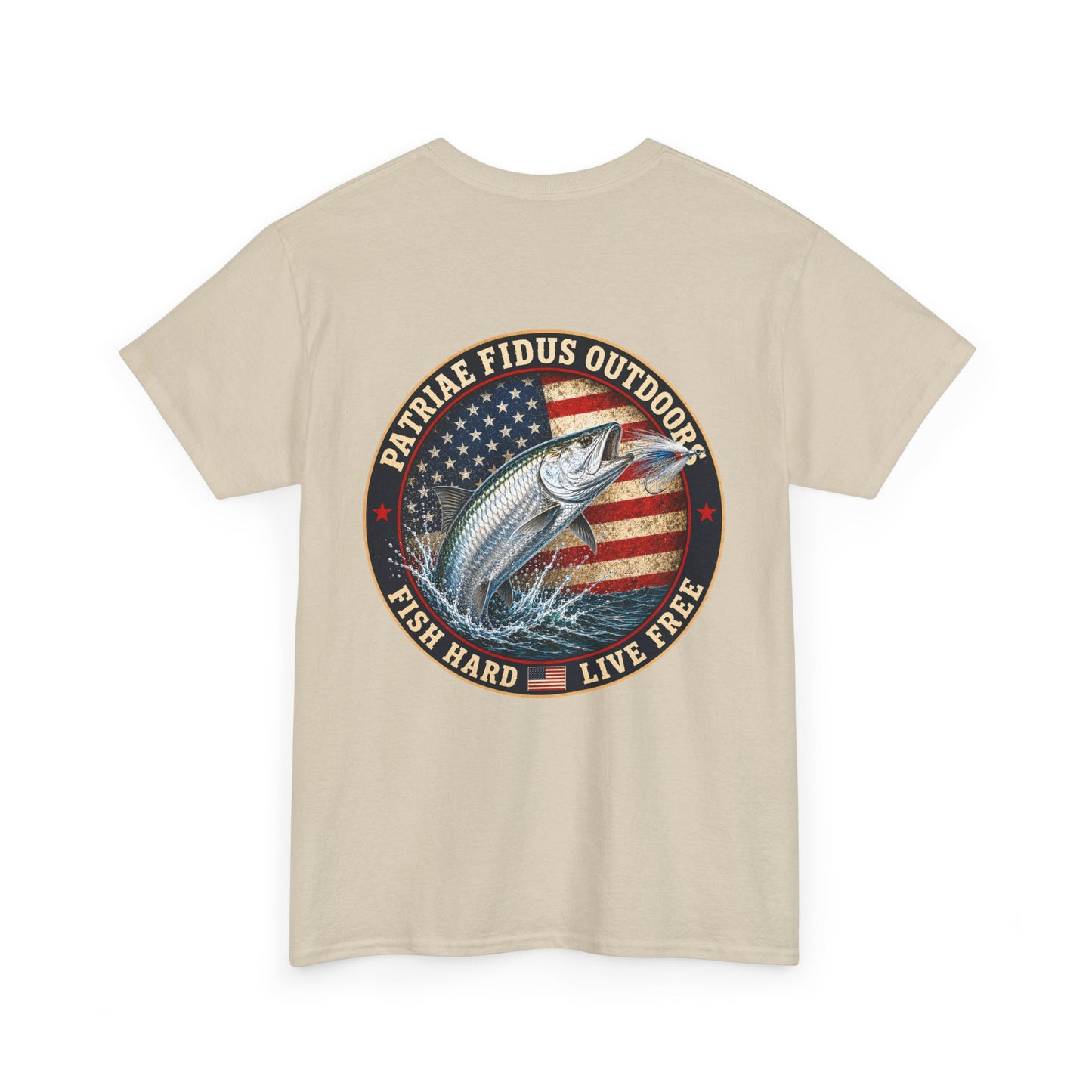 “Fish Hard Live Free” T-Shirt — Tarpon Patriae Fidus Outdoors American Flag Design