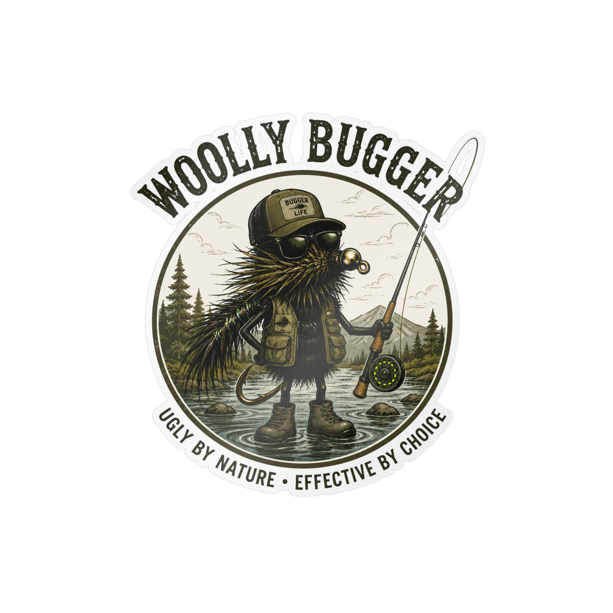 Kiss-Cut Vinyl Decal — "Woolly Bugger" Fly-Fishing Sticker (Ugly by Nature • Outdoor Angler Gift)