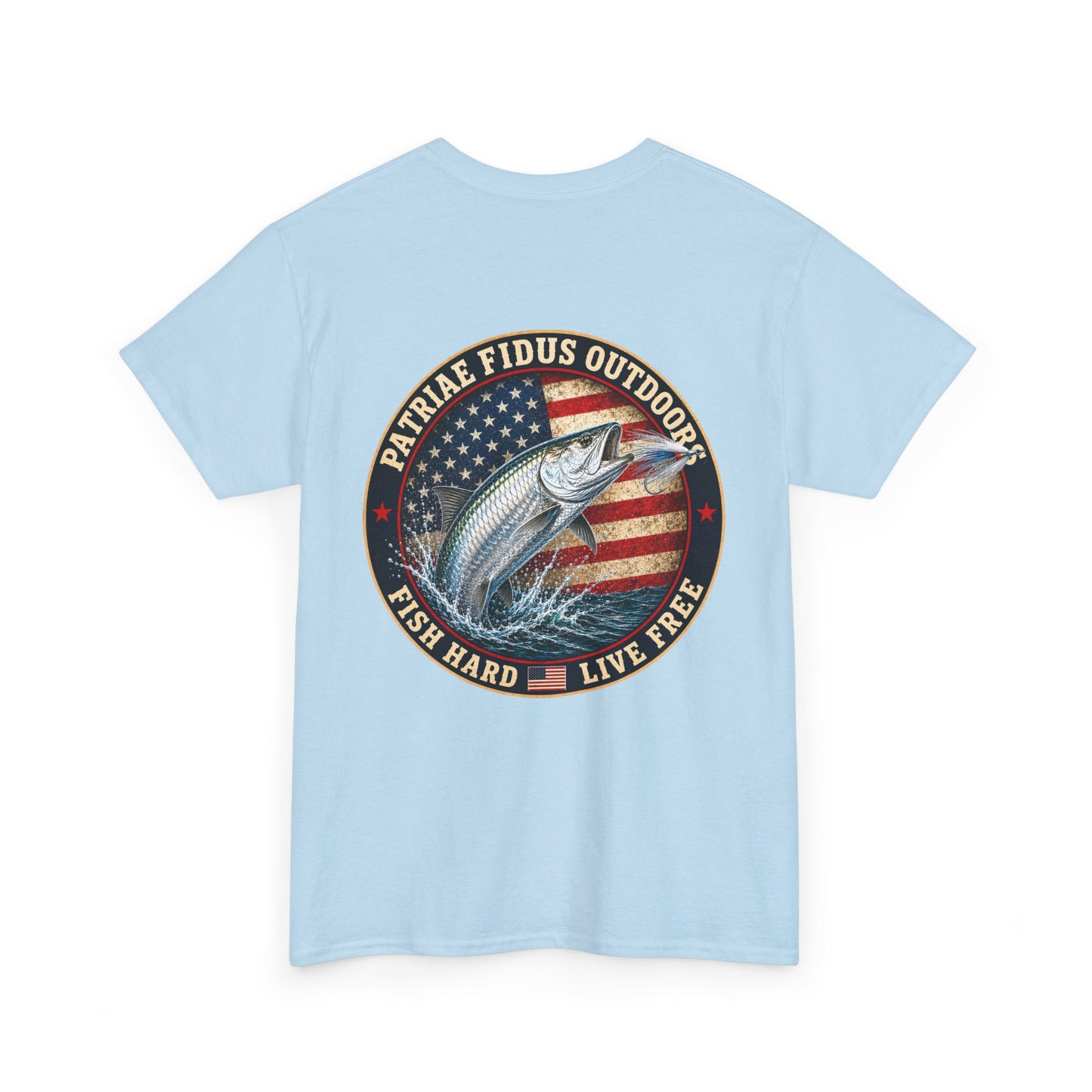 “Fish Hard Live Free” T-Shirt — Tarpon Patriae Fidus Outdoors American Flag Design