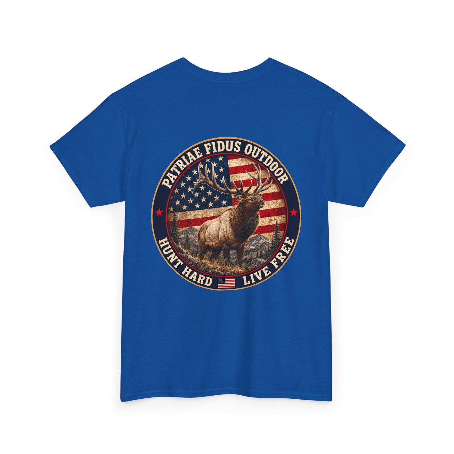 Hunting T-Shirt — Patriæ Fidus Outdoor 'Hunt Hard Live Free' American Flag Elk Tee