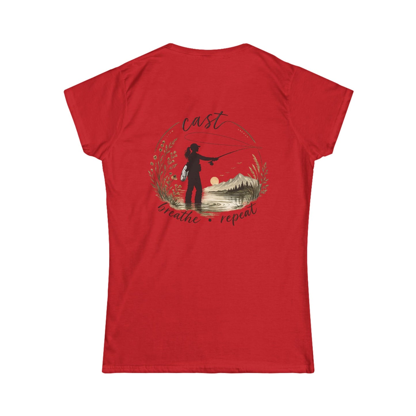 Women's Fly Fishing Tee — "Cast, Breathe, Repeat" Nature Graphic