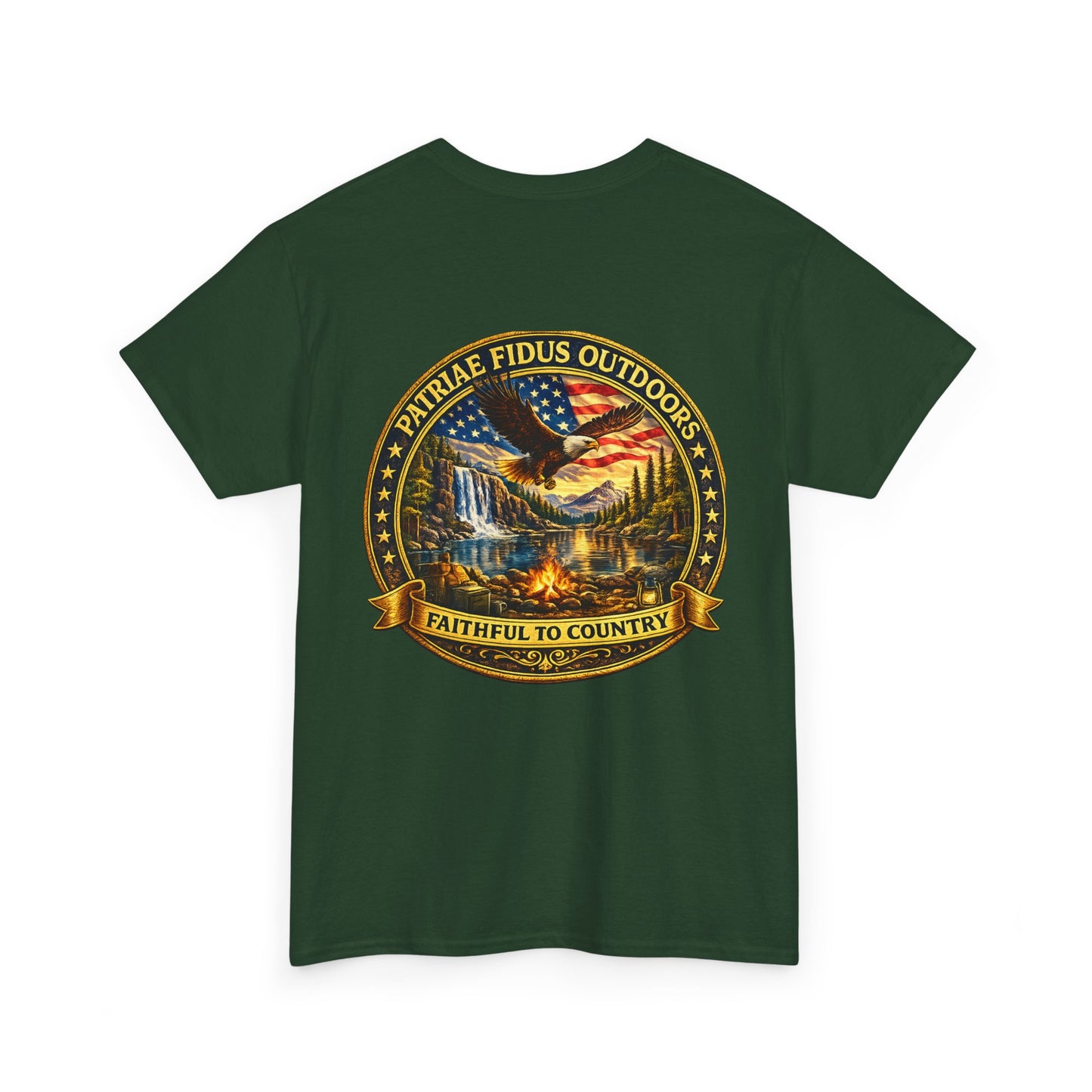 Patriae Fidus Outdoors Tee — Faithful to Country American Flag Eagle T‑Shirt