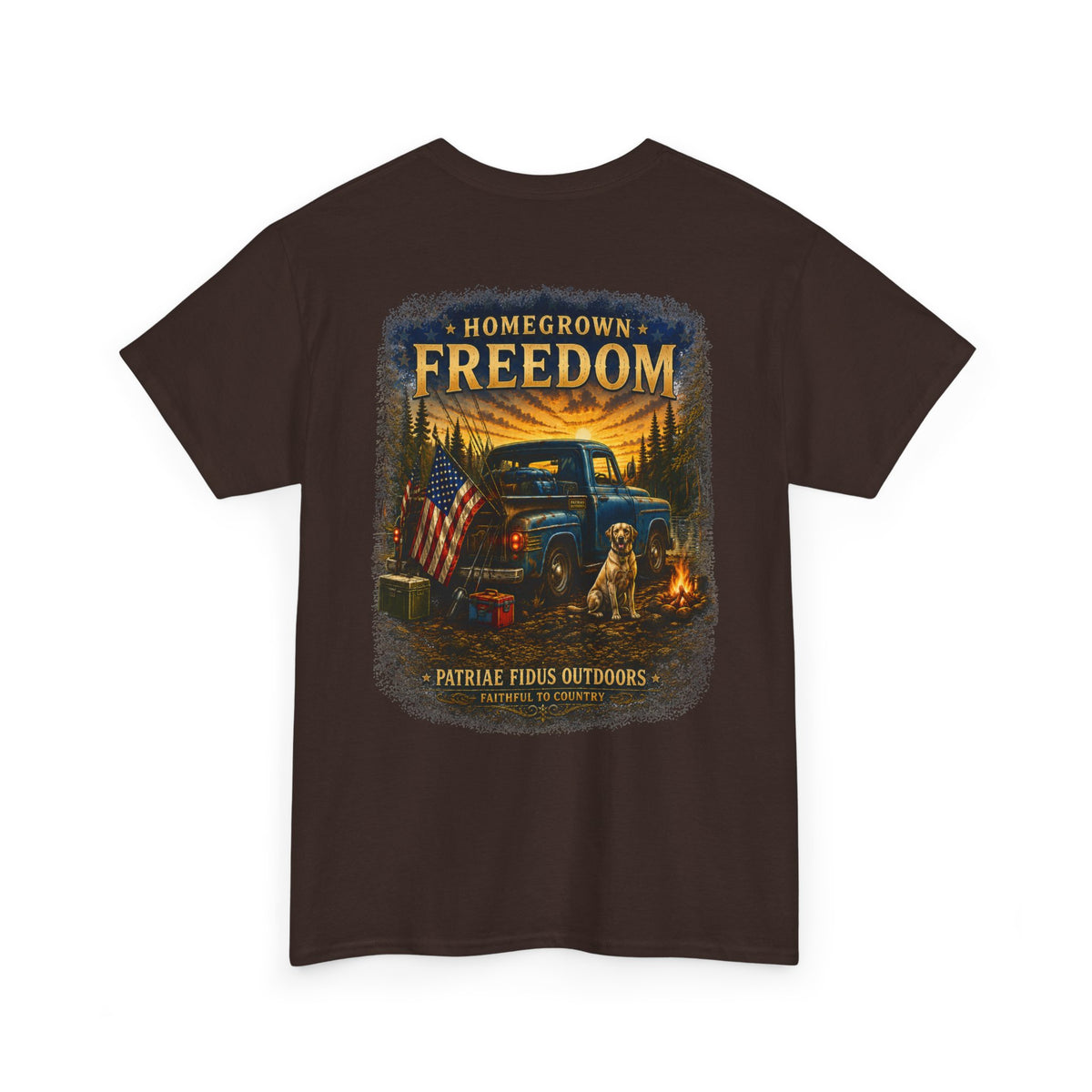 Homegrown Freedom Tee — Vintage Truck, American Flag & Campfire Graphic