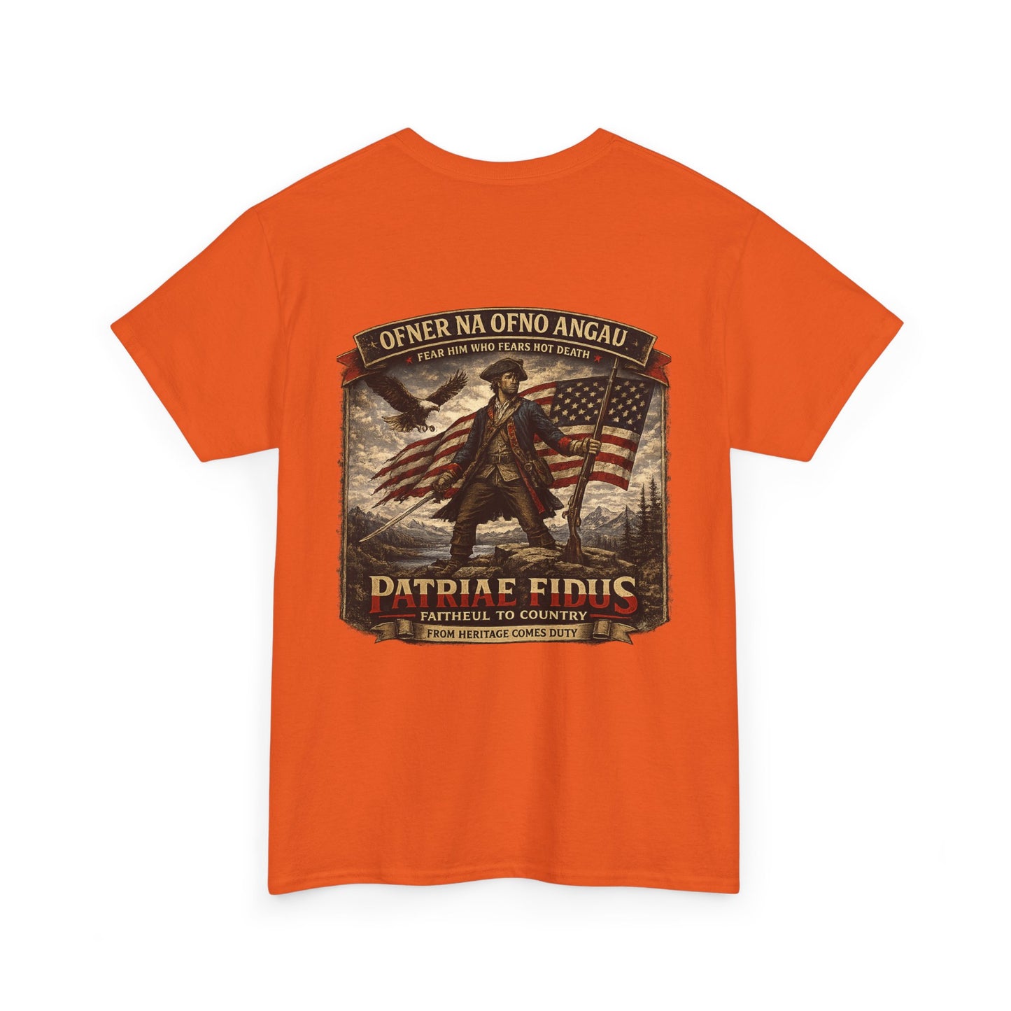 Patriae Fidus Patriotic Tee — Revolutionary Soldier Flag Graphic T‑Shirt