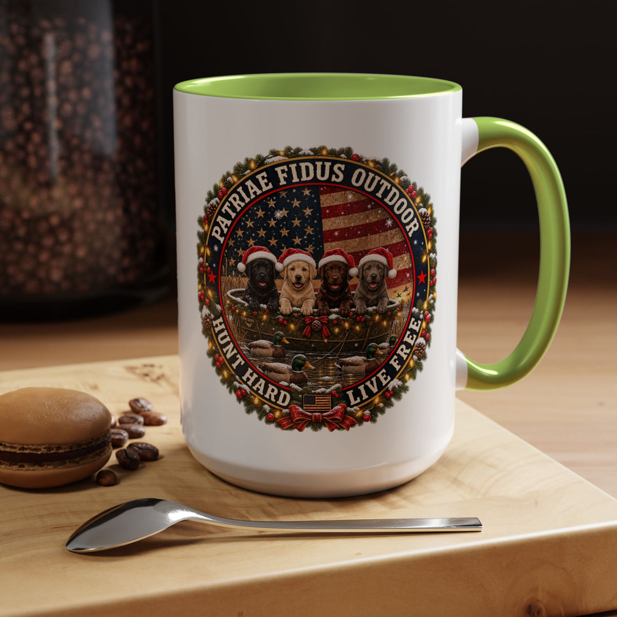 Patriæ Fidus Outdoor Christmas Coffee Mug — "Hunt Hard, Live Free" with Labrador Trio (11/15oz)
